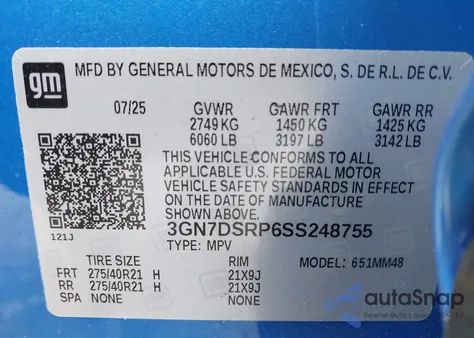 2025 Chevrolet Equinox Ev Rs z USA, uszkodzony, nr VIN 3GN7DSRP6SS248755